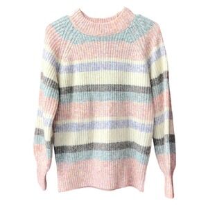 Dunnes Sweater Women Small Multi Striped Pastel Knit Crew Neck Raglan Sleeve